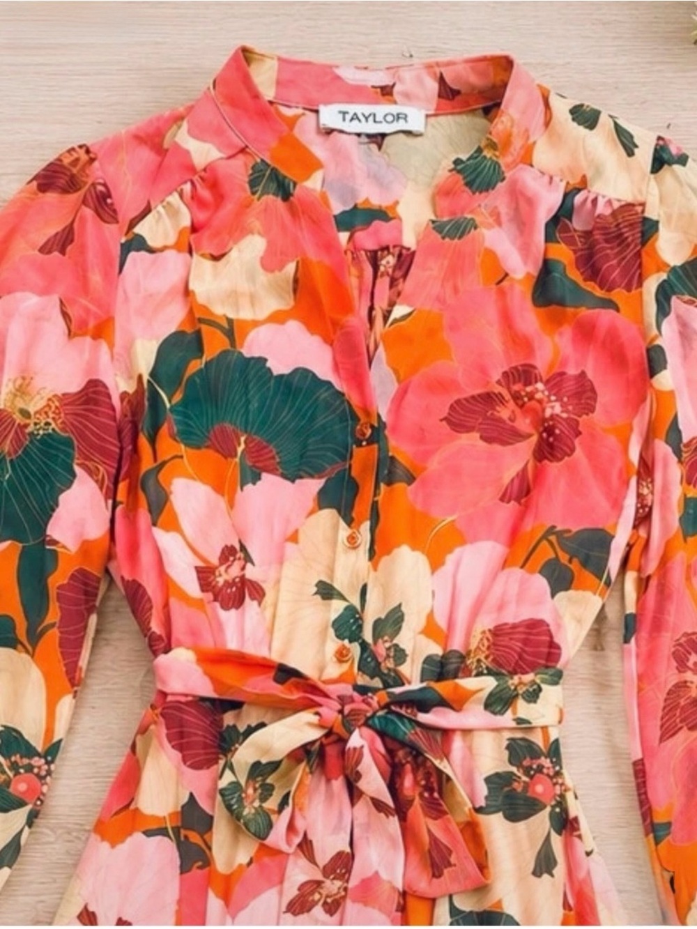 Taylor Coral Pink & Green Floral Tie-Waist Tunic